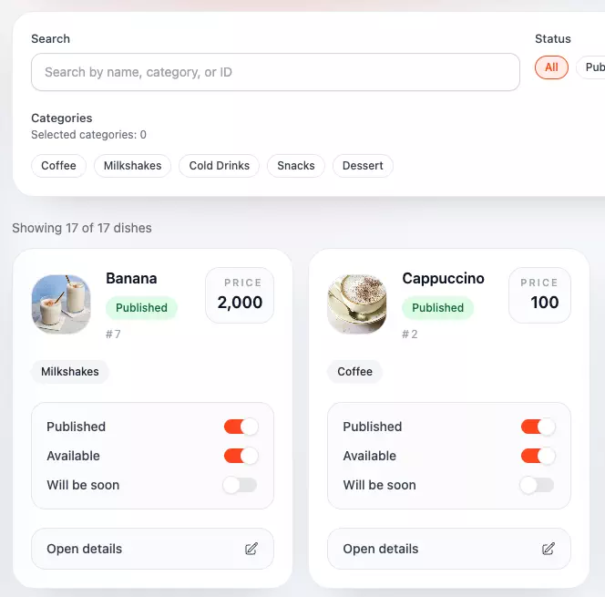 Sweely owner panel menu catalog for editing dishes and categories