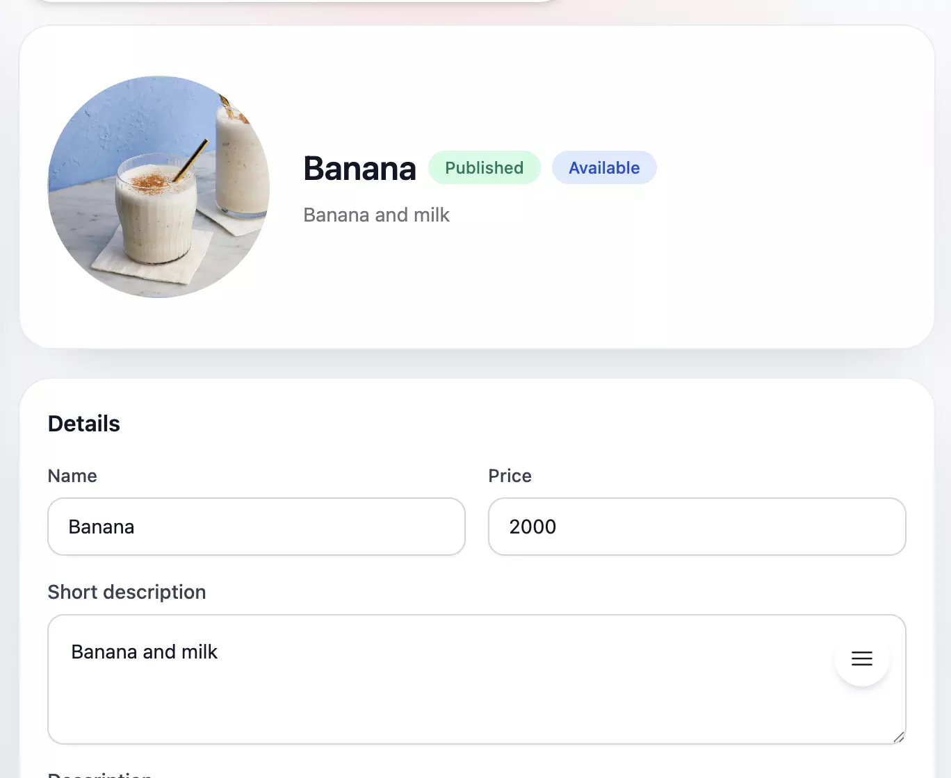 Sweely owner panel dish editor with product details and pricing controls
