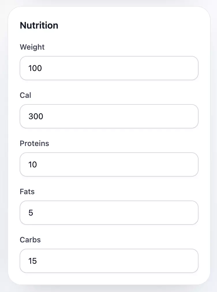 Sweely owner panel nutrition and allergen details form for menu items