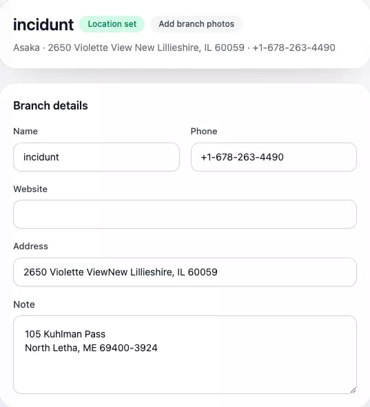 Sweely owner panel venue branch details and business information setup